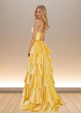 Adele | Yellow Satin Strapless Beaded Ruffle Formal Dress with Slit - Yellow - PromDressClub